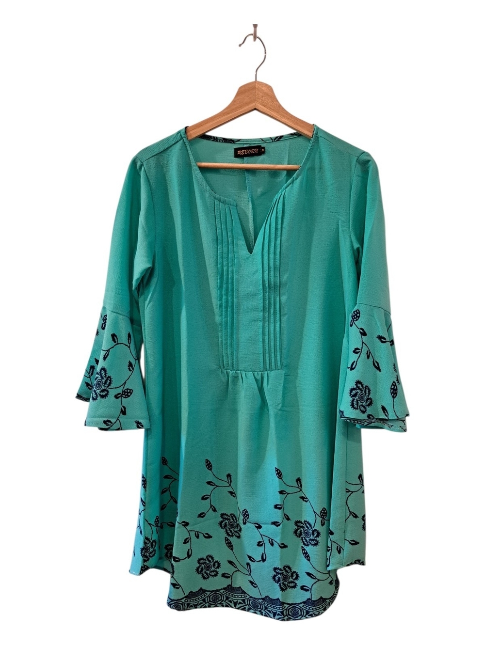Reborn Teal Floral Mini Dress bell sleeves Size M